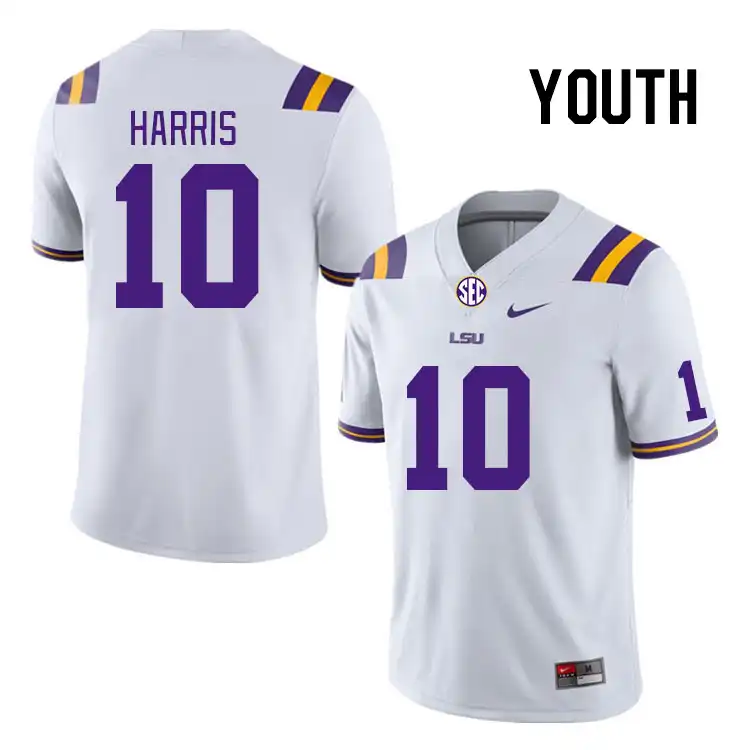 Youth LSU Tigers Denver Harris #10 White NCAA Football Jersey